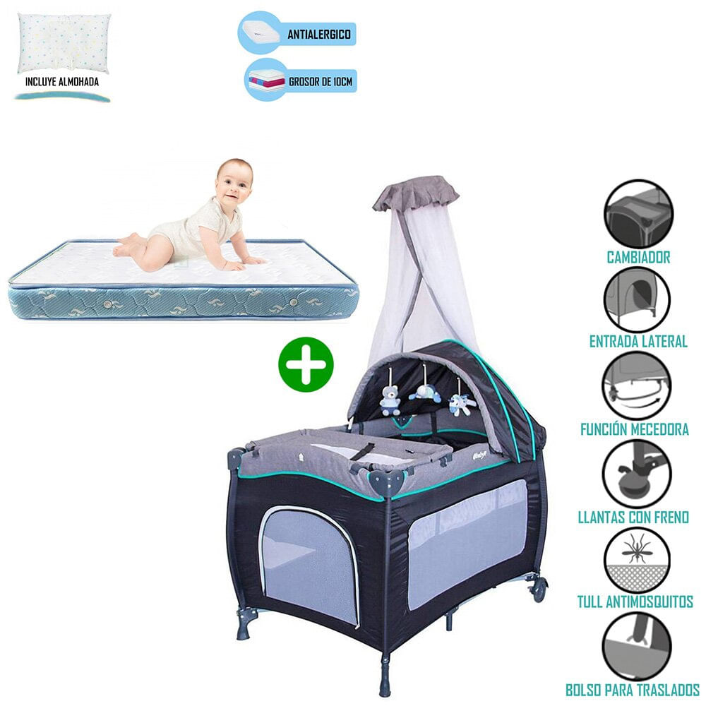 Cuna Corral Mecedora Celeste 716 + Colchón Ebaby Celeste