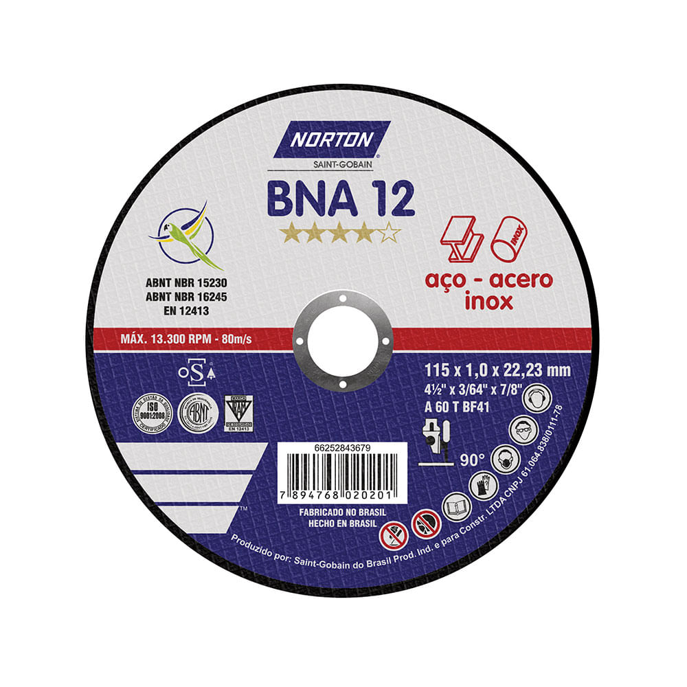 Disco de corte Inox.BNA12 4 1/2"-115x1.0mm Norton Promart