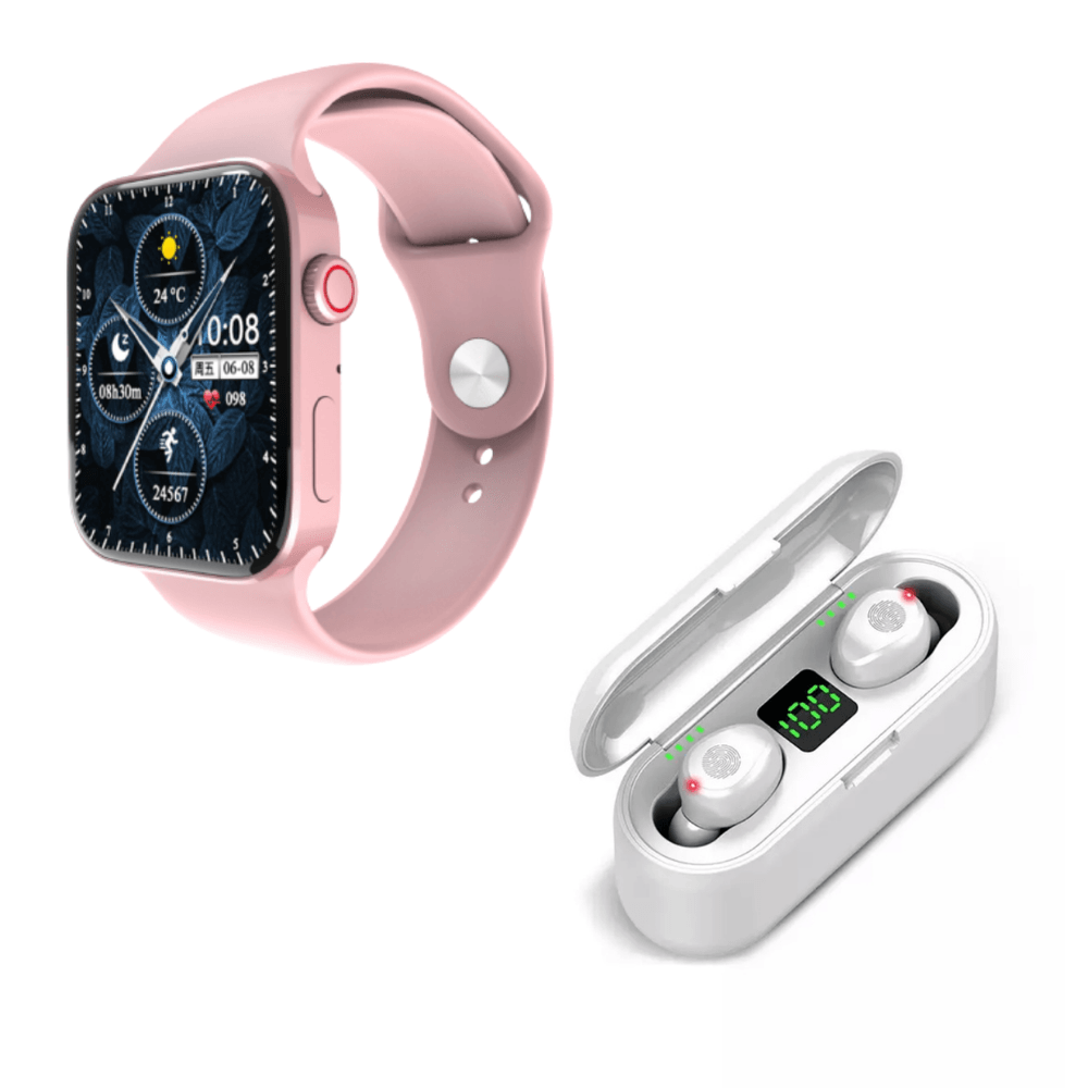 Pack Smartwatch N76 serie 7 Rosado y Audífono Inalámbrico Bluetooth F9 -  5.1 con Power Bank Blanco - Promart