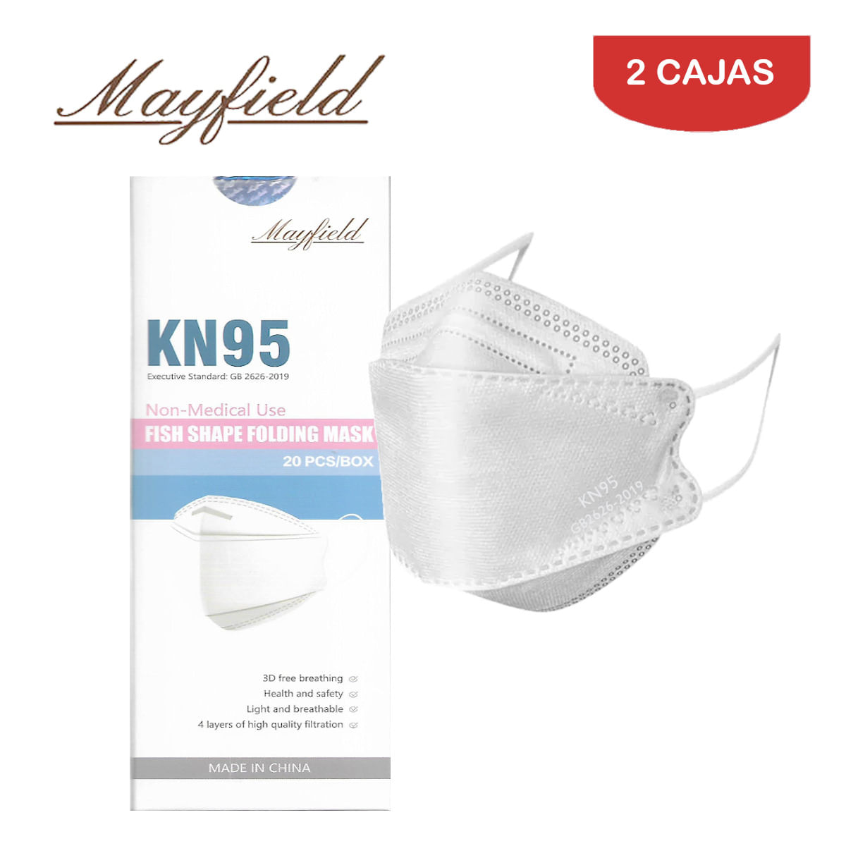 Mascarilla KN95 Mayfield Fish Shape 3D  Blanco Caja*20unid Pack 2 Cajas