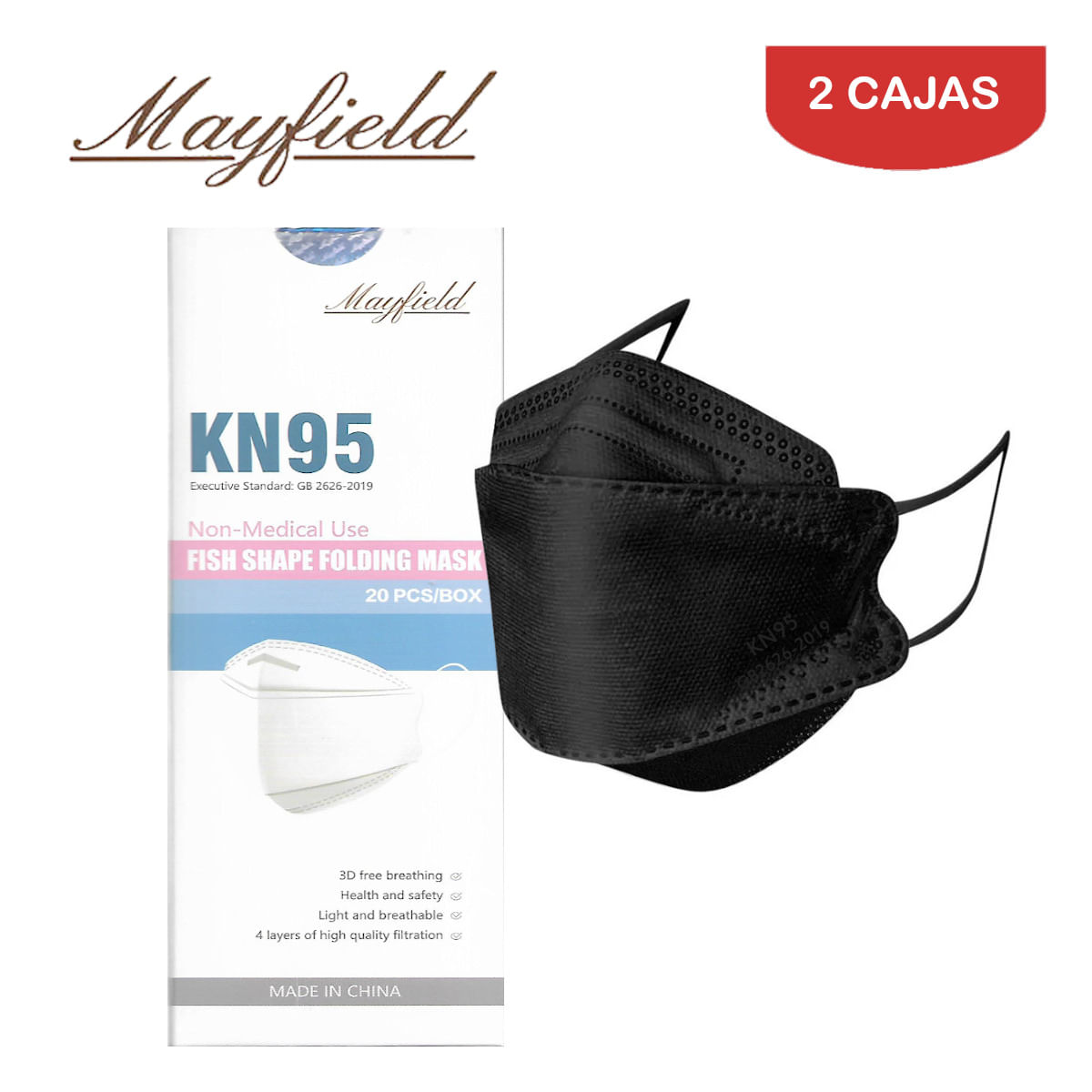 Mascarilla KN95 Mayfield Fish Shape 3D Negro Caja*20und Pack 2 Cajas