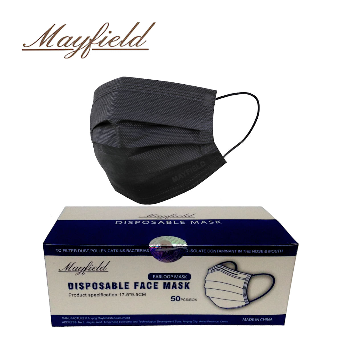 Mascarilla Quirúrgica Mayfield 3 Capas 3 Pliegues Negro Caja*50und