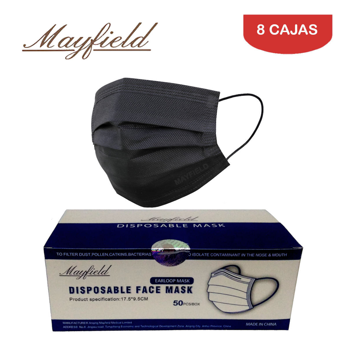 Mascarilla Quirúrgica Mayfield 3 Capas 3 Pliegues Negro Caja*50und Pack 8 Cajas