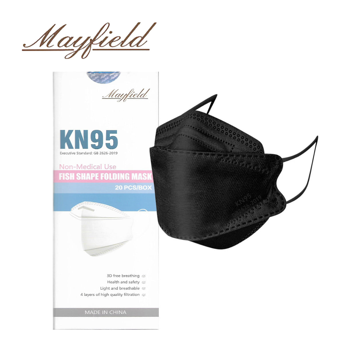 Mascarilla KN95 Mayfield Fish Shape 3D Negro Caja*20und