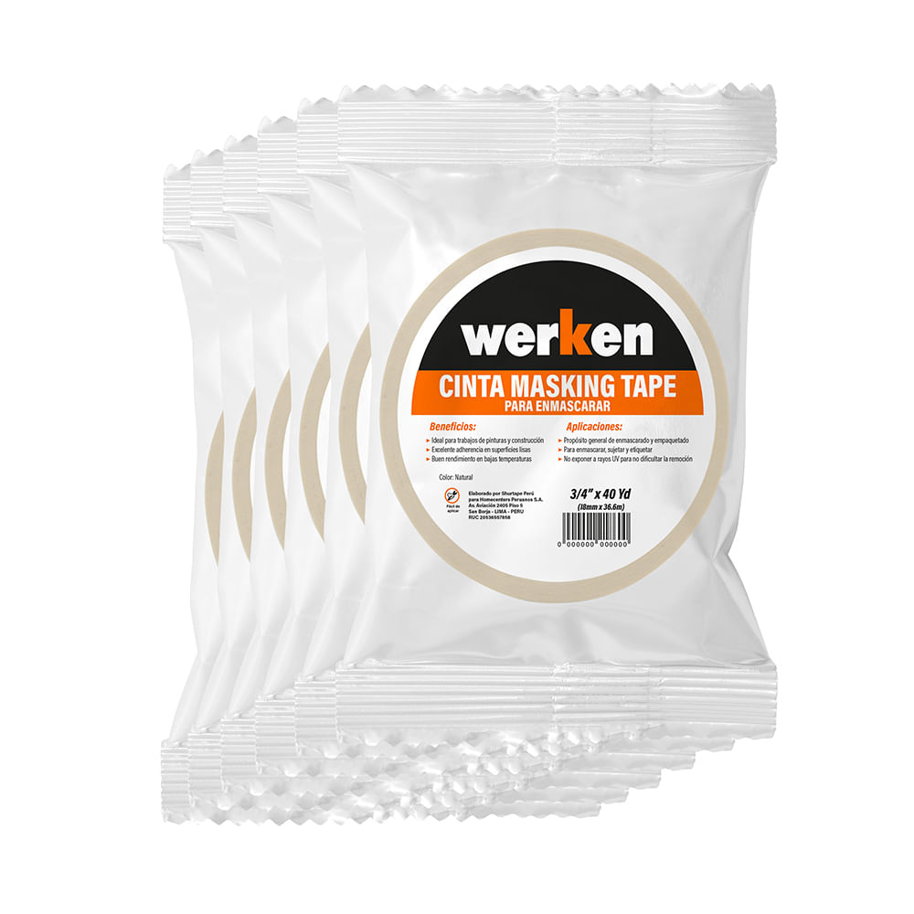 Cinta Masking Tape Werken Pack de 6 Rollos de 36.6m Blanco
