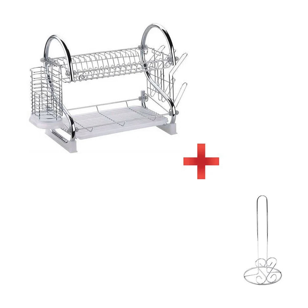 Combo Cocina Escurridor para Platos 2 Niveles + Porta Papel Toalla