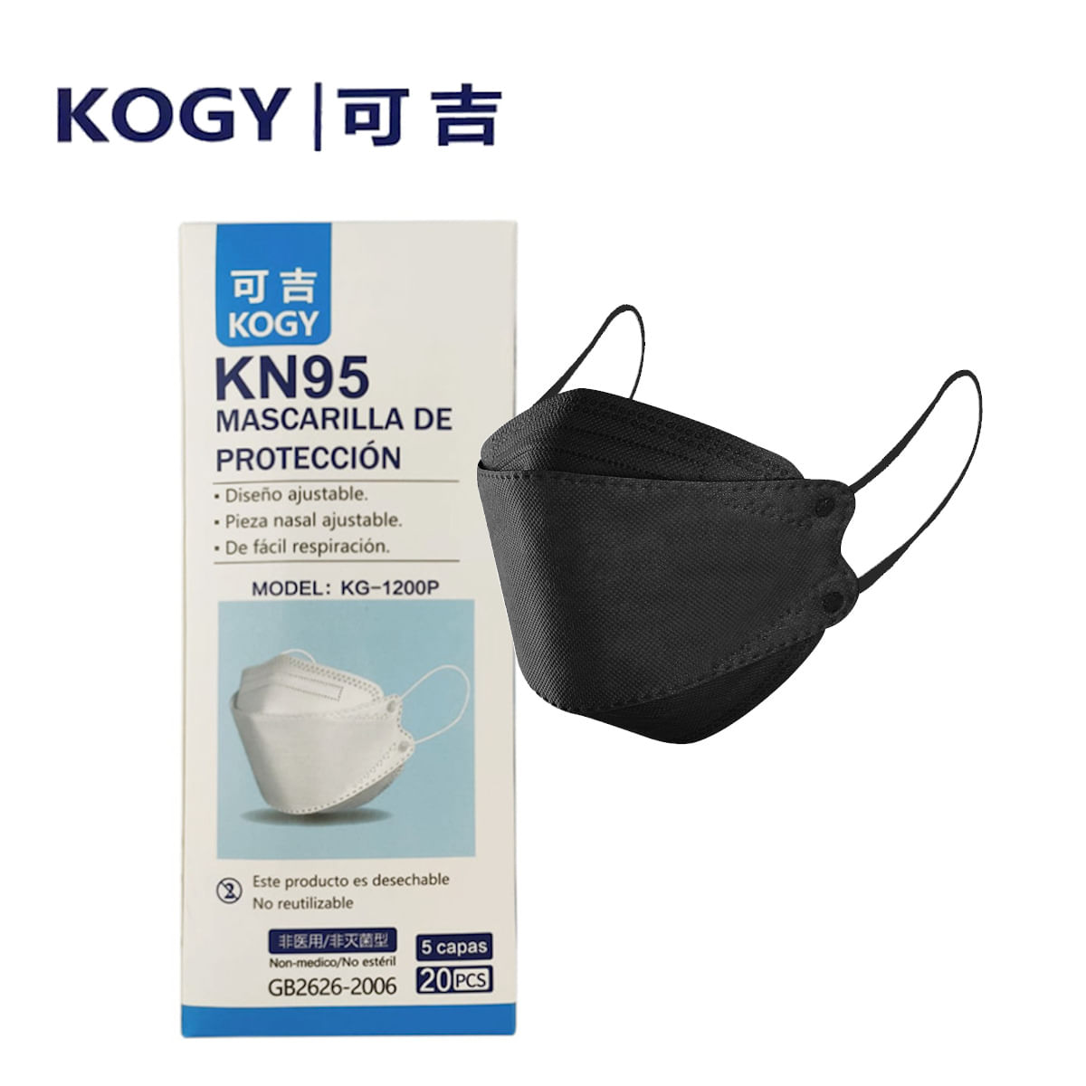 Mascarilla KN95 Kogy Fish Shape 3D  Negro Caja*20und