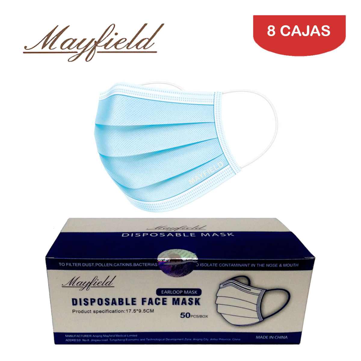 Mascarilla Quirúrgica Mayfield 3 Capas 3 Pliegues Celeste Caja*50und Pack 8 Cajas