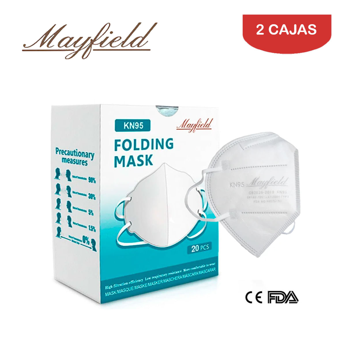 Mascarilla KN95 Mayfield 5 capas Blanco Caja¨20und Pack 2 Cajas