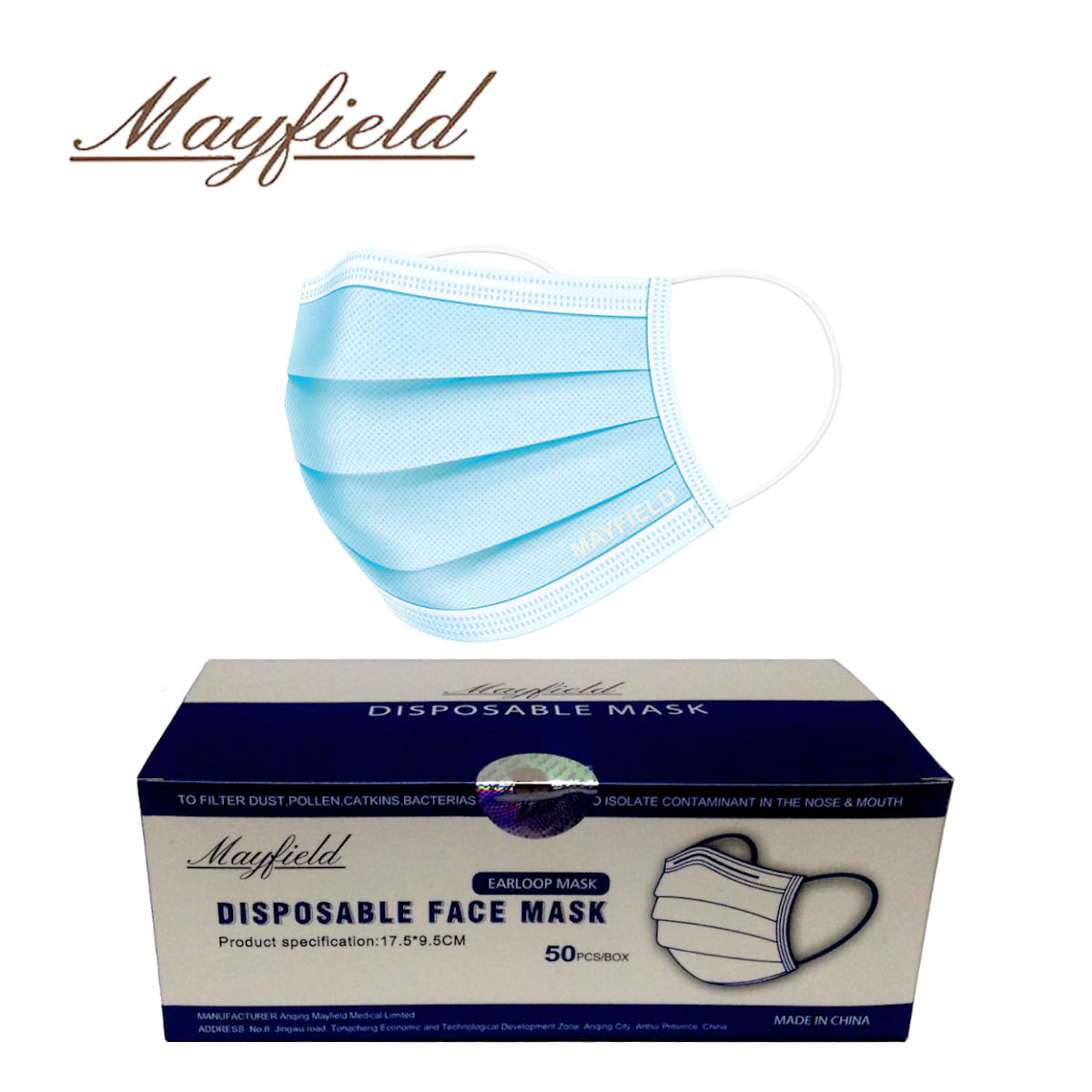 Mascarilla Quirúrgica Mayfield 3 Capas 3 Pliegues Celeste Caja*50und