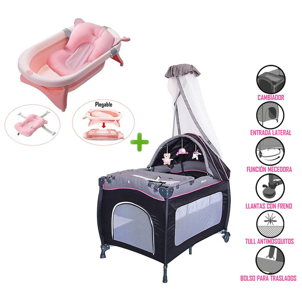 Cuna Corral Mecedora Ebaby SALLY 716 + Tina Plegable Rosado