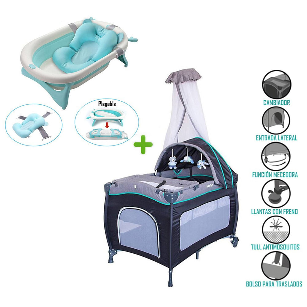 Cuna Corral Mecedora Ebaby SALLY 716 + Tina Plegable Ebaby Celeste