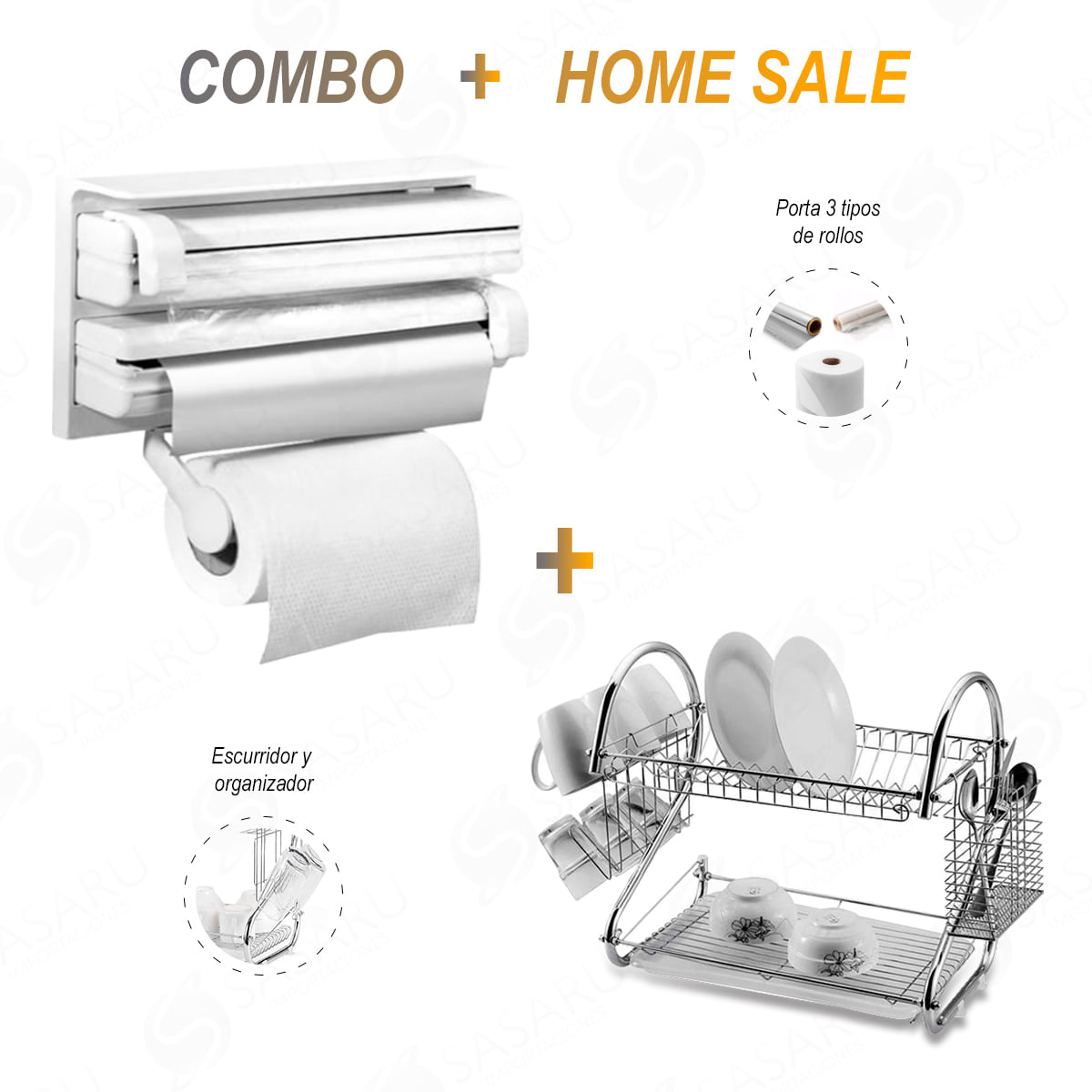 Dispensador de Papel Toalla 3 en 1+Escurridor de Platos 2 Niveles