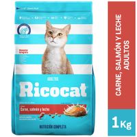 Alimento para Gato RICOCAT Adulto Carne, Salmón y Leche Bolsa 1Kg
