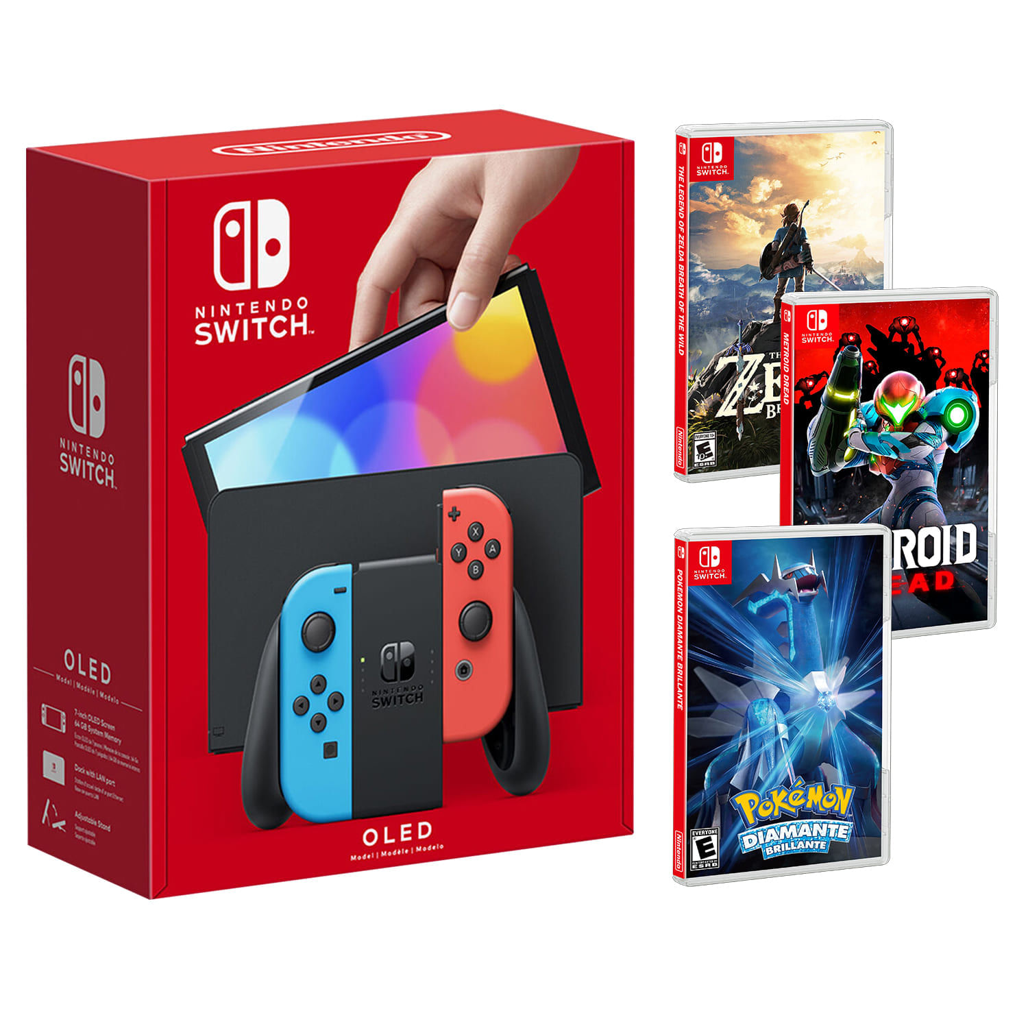 Consola Nintendo Switch OLED Neon + Pokemon Diamante + Metroid + Zelda Breath