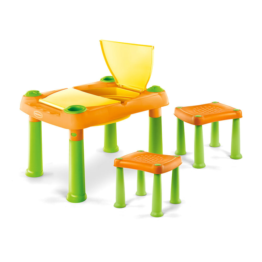 Mesa Didactica Infantil con Cajón + 2 Bancos Verde Polinplast
