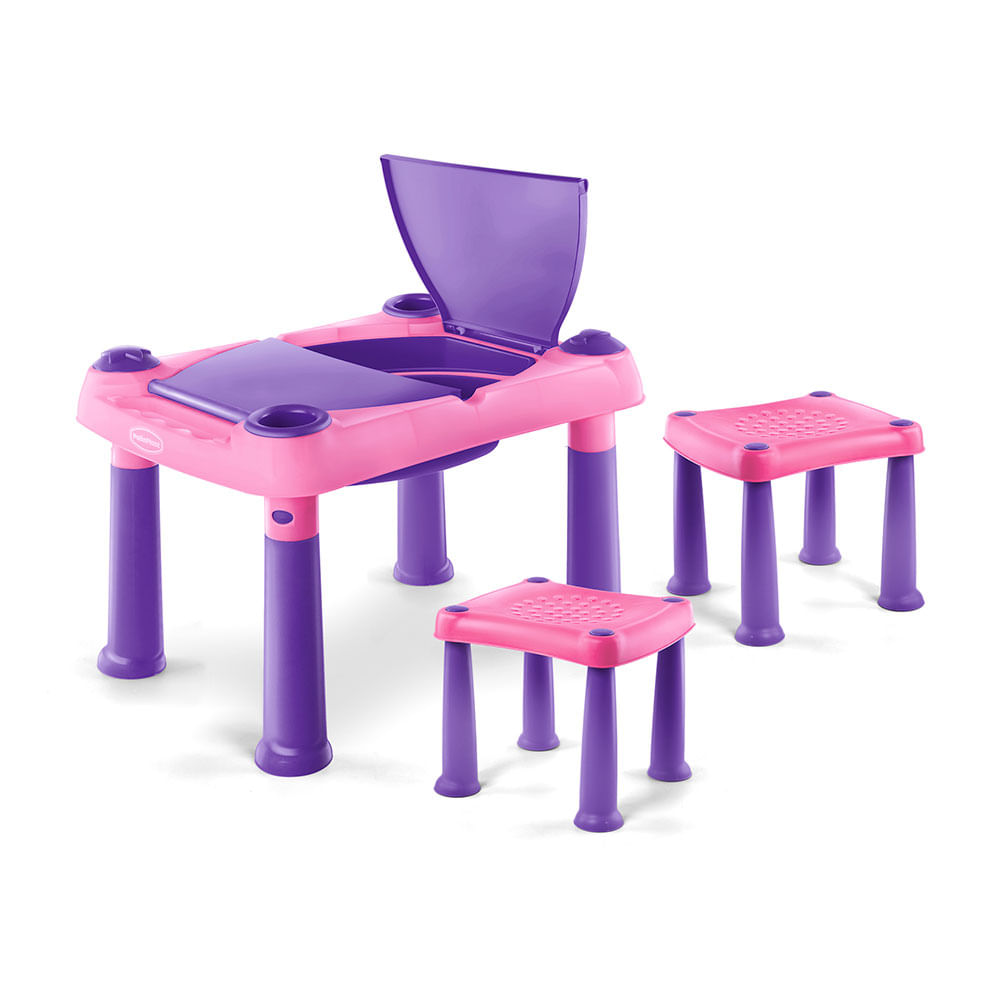 Mesa Didactica Infantil con Cajón + 2 Bancos Rosa Polinplast