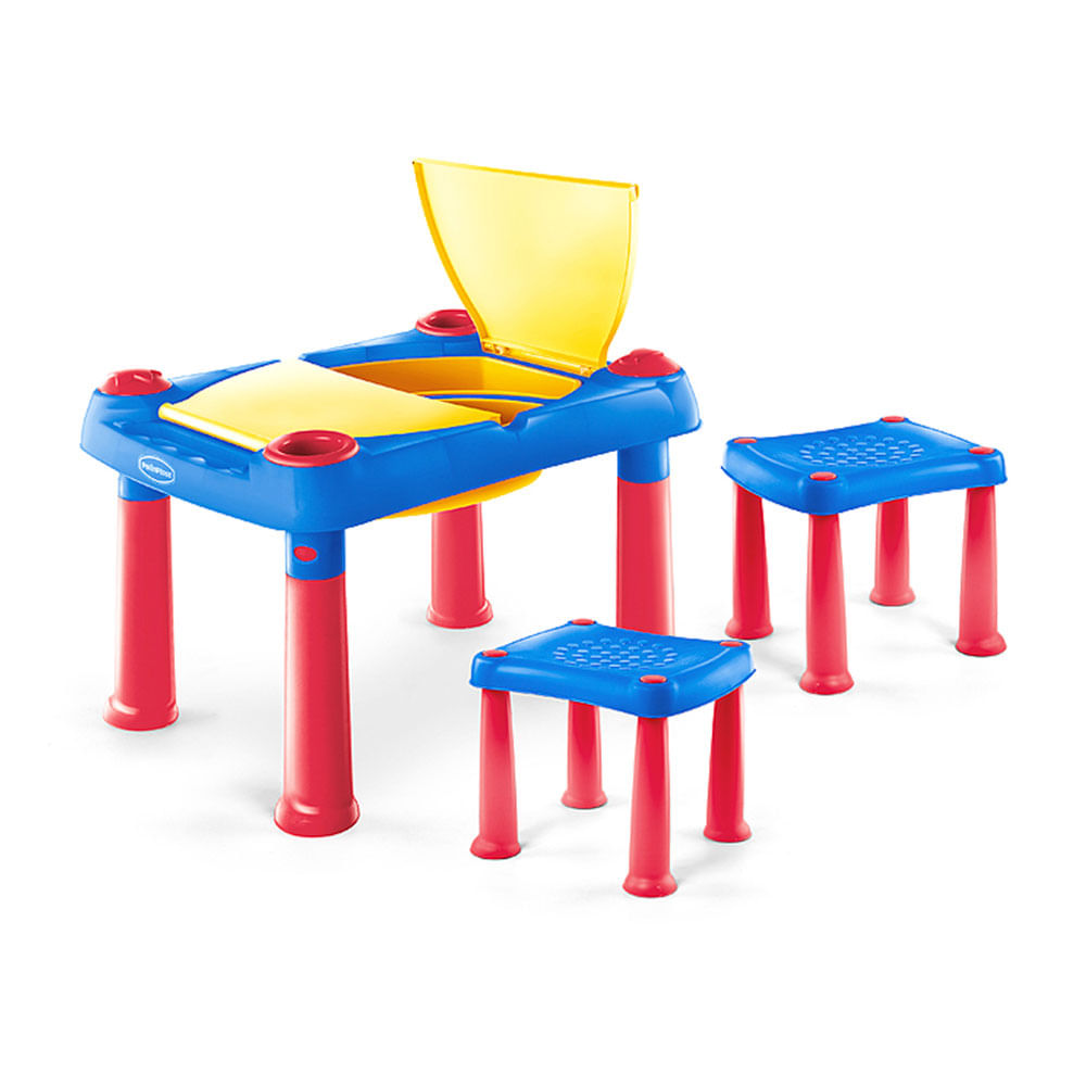 Mesa didactica infantil c/cajón + 2 bancos azul Polinplast