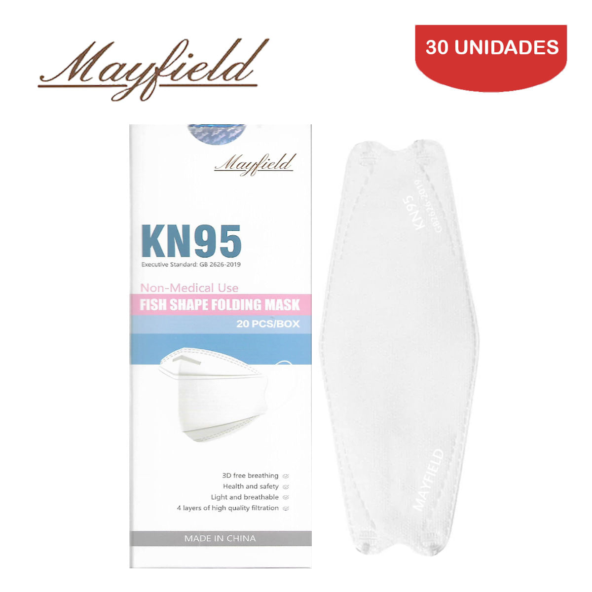 Mascarilla KN95 Mayfield Fish Shape 3D  Blanco 30 Unidades