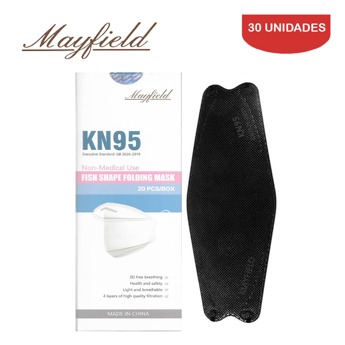 Mascarilla KN95 Mayfield Fish Shape 3D  Negro 30 Unidades