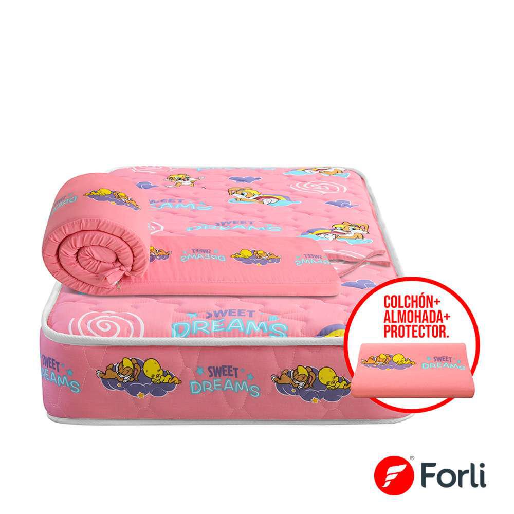 Pack Colchón Cuna + Protector de Cuna Baby Niña + 01 almohada Looney