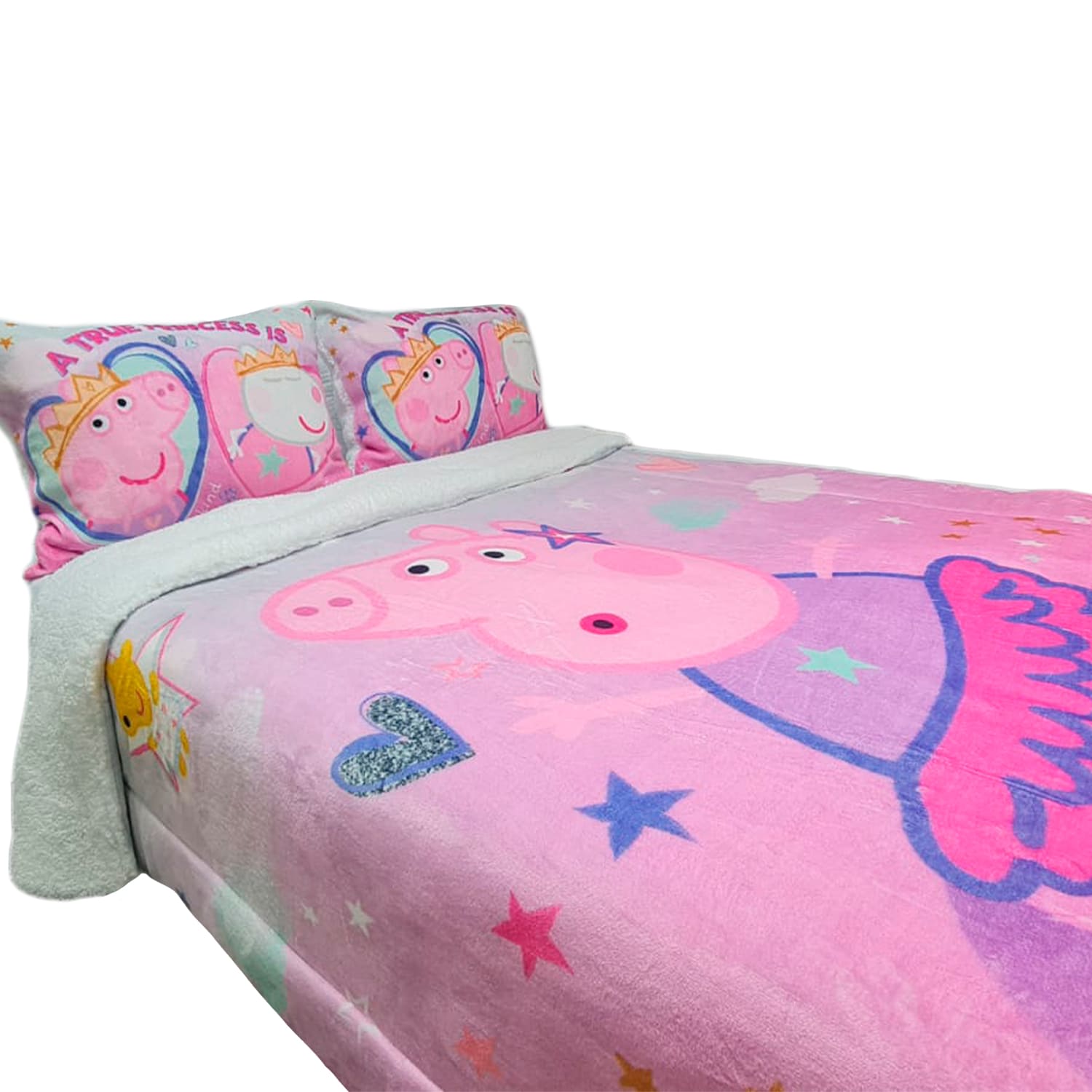 Edredón Flannel con Sherpa y 1 Funda Sham Peppa Pig Cute 1.5 Plazas