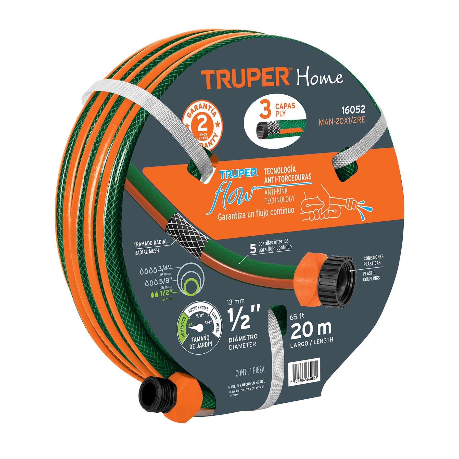 Manguera 1/2" Reforzada 3 Capas 20 M Conexiones Plásticas Truper