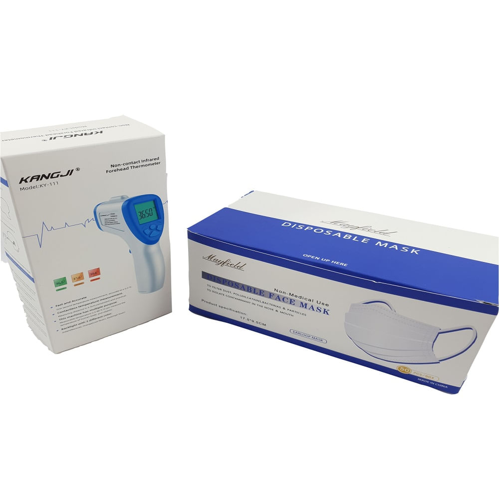 Combo Termómetro Infrarrojo + Mascarilla 3 Pliegues x 50 Und.