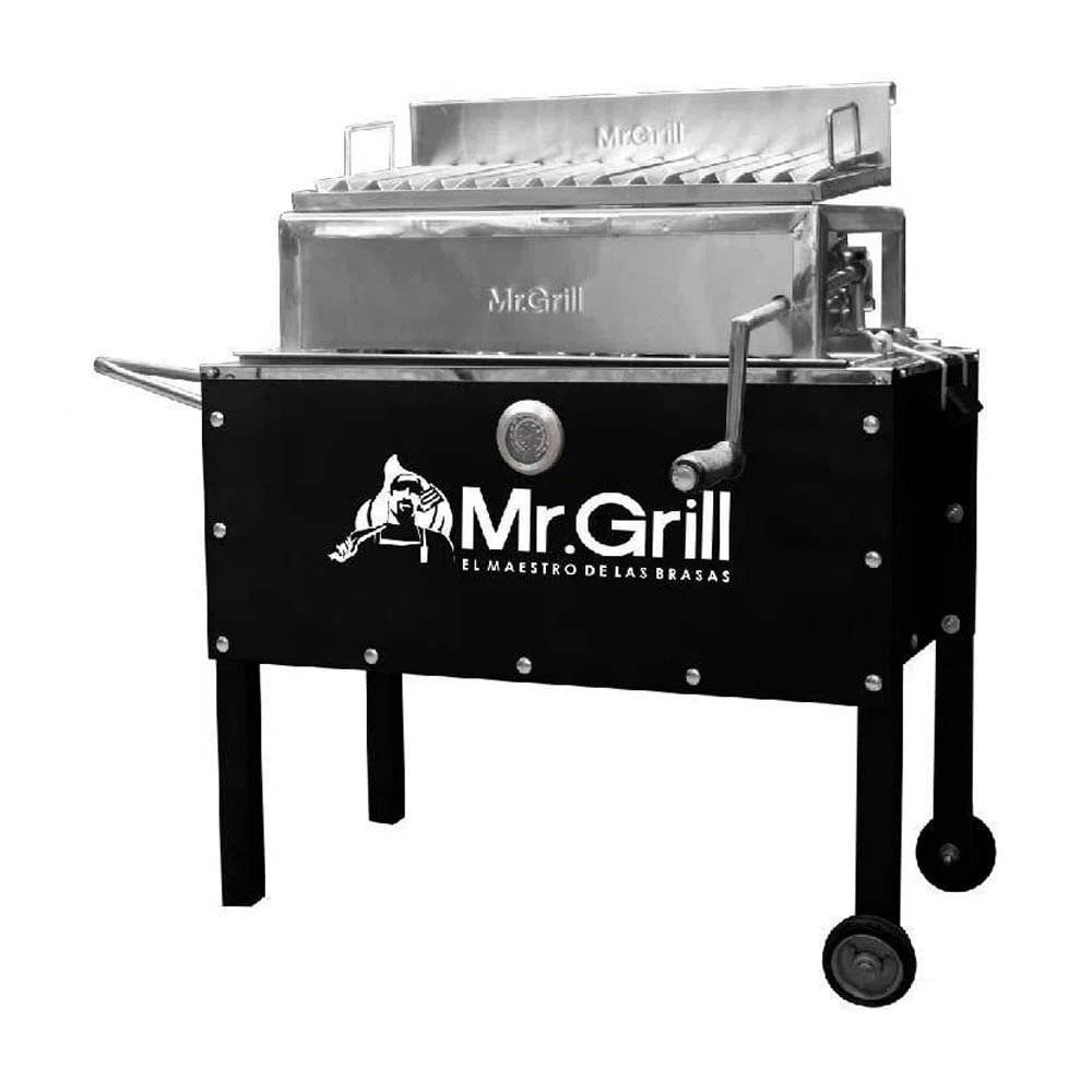 Caja China Mediana Premium Jr Black Acero Mixta Con Termometro + Parrilla Con Regulador + Kit Sal Maras + Carbon + Bastizador