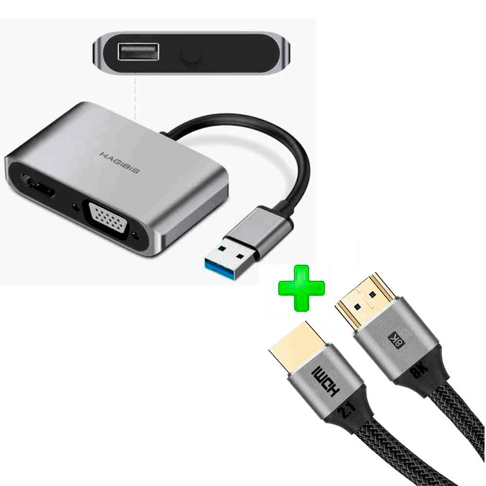 Pack Adaptador USB 3.0 a HDMI, VGA + Cable HDMI 2.1 Hagi - Promart