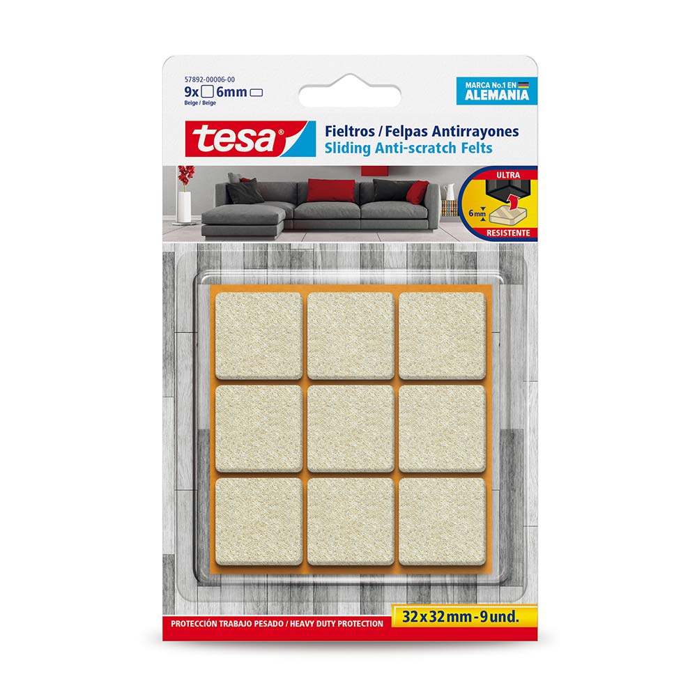 Felpa Protector Tesa Antirayones Trabajo Pesado 32x32mm Gris Juego de 9 Unidades