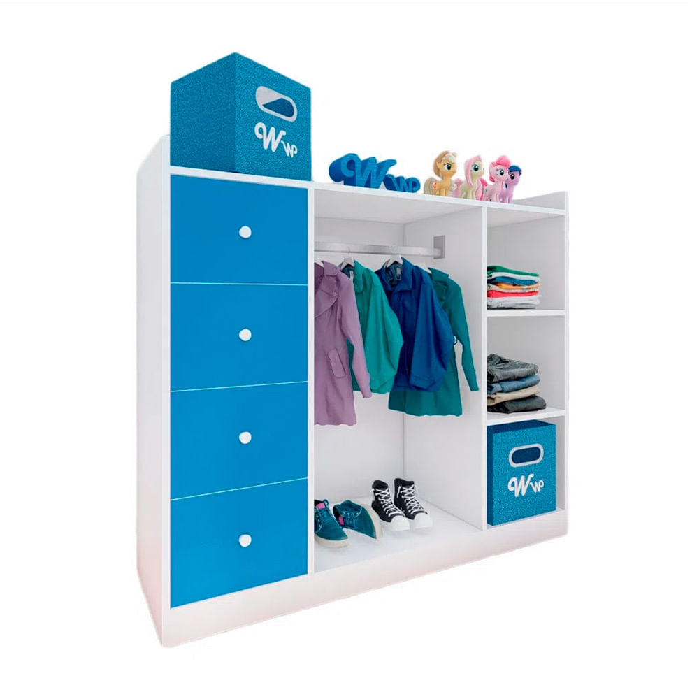Closet Montessori Wonder Wood Muebleria de 3 Compartimientos y 4 Cajones Melamina Blanca/Azul