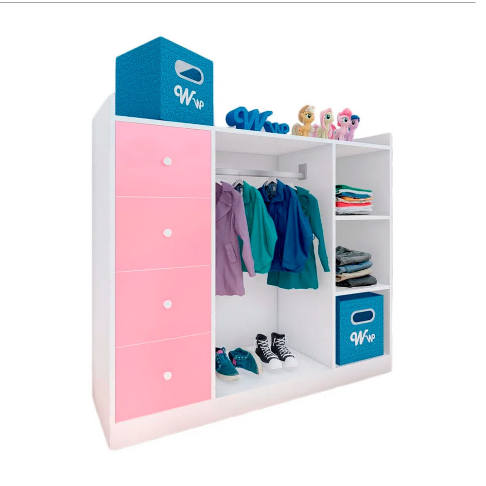 Closet Montessori Wonder Wood Muebleria de 3 Compartimientos y 4 Cajones Melamina Blanca/Rosado