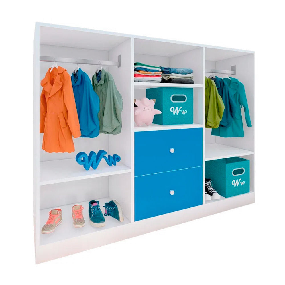 Closet Montessori Wonder Wood Muebleria de 4 Compartimientos y 2 Cajones Melamina Blanca/Azul