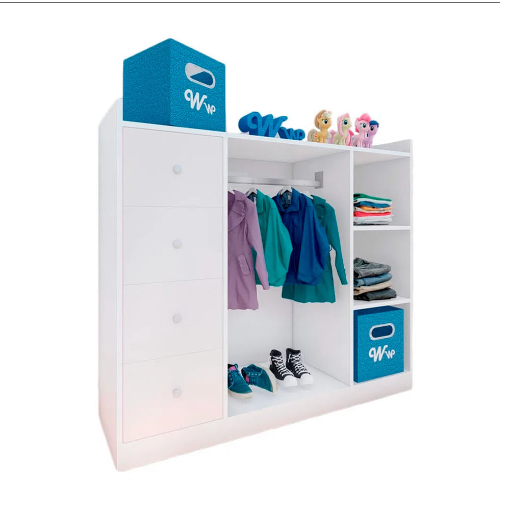 Closet Montessori Wonder Wood Muebleria de 3 Compartimientos y 4 Cajones Melamina Blanca