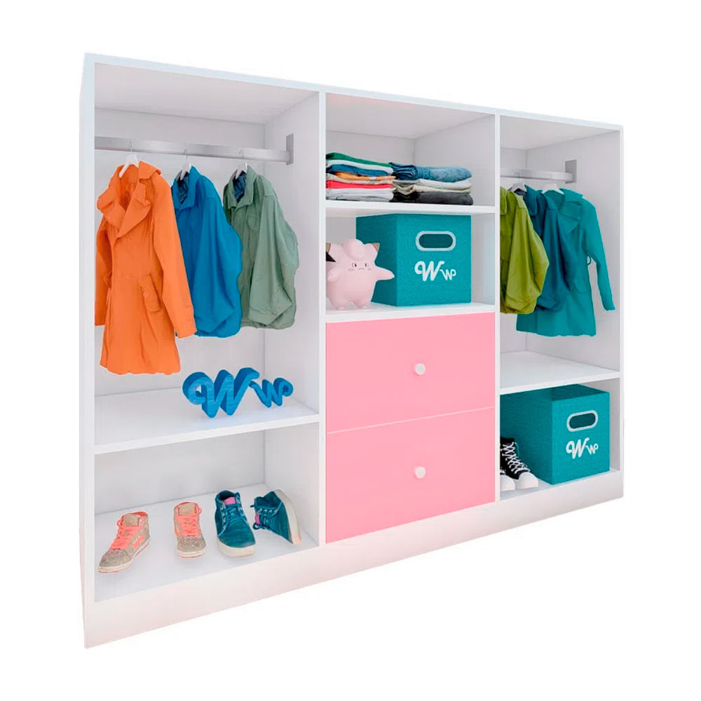 Closet Montessori Wonder Wood Muebleria de 4 Compartimientos y 2 Cajones Melamina Blanca/Rosado