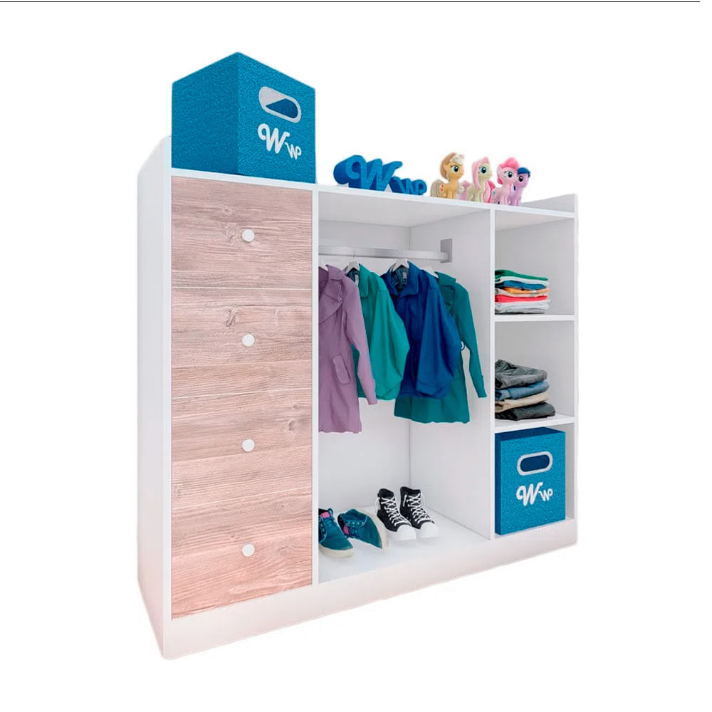 Closet Montessori Wonder Wood Muebleria de 3 Compartimientos y 4 Cajones Melamina Blanca/Damasco