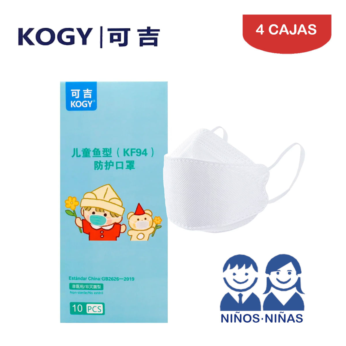 Mascarilla KF94 Kogy Fish Shape 3D NIÑOS·NIÑAS Blanco Caja*10und Pack 4 Cajas