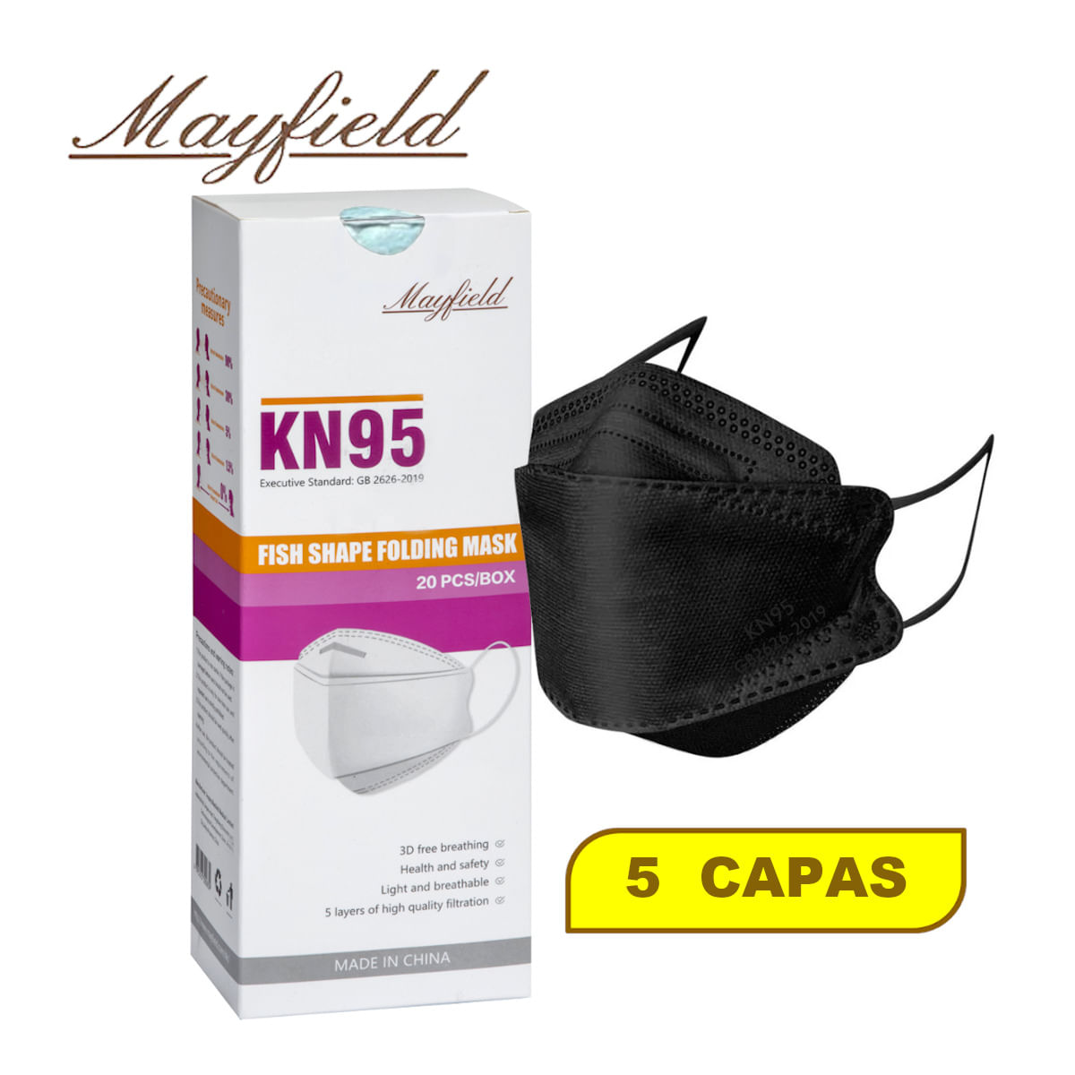Mascarilla KN95 Mayfield 5 Capas Fish Shape 3D Negro Caja*20und