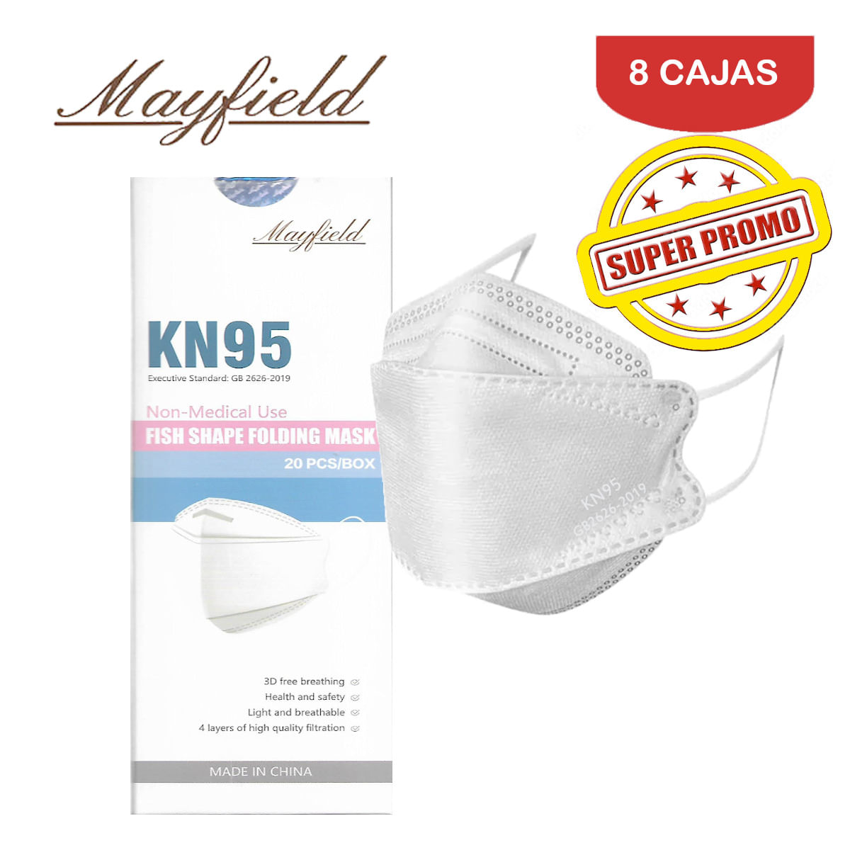 Mascarilla KN95 Mayfield Fish Shape 3D Blanco Caja*20und Pack 8 Cajas