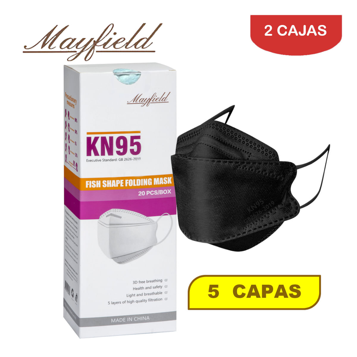 Mascarilla KN95 Mayfield 5 Capas Fish Shape 3D Negro Caja*20und Pack 2 Cajas