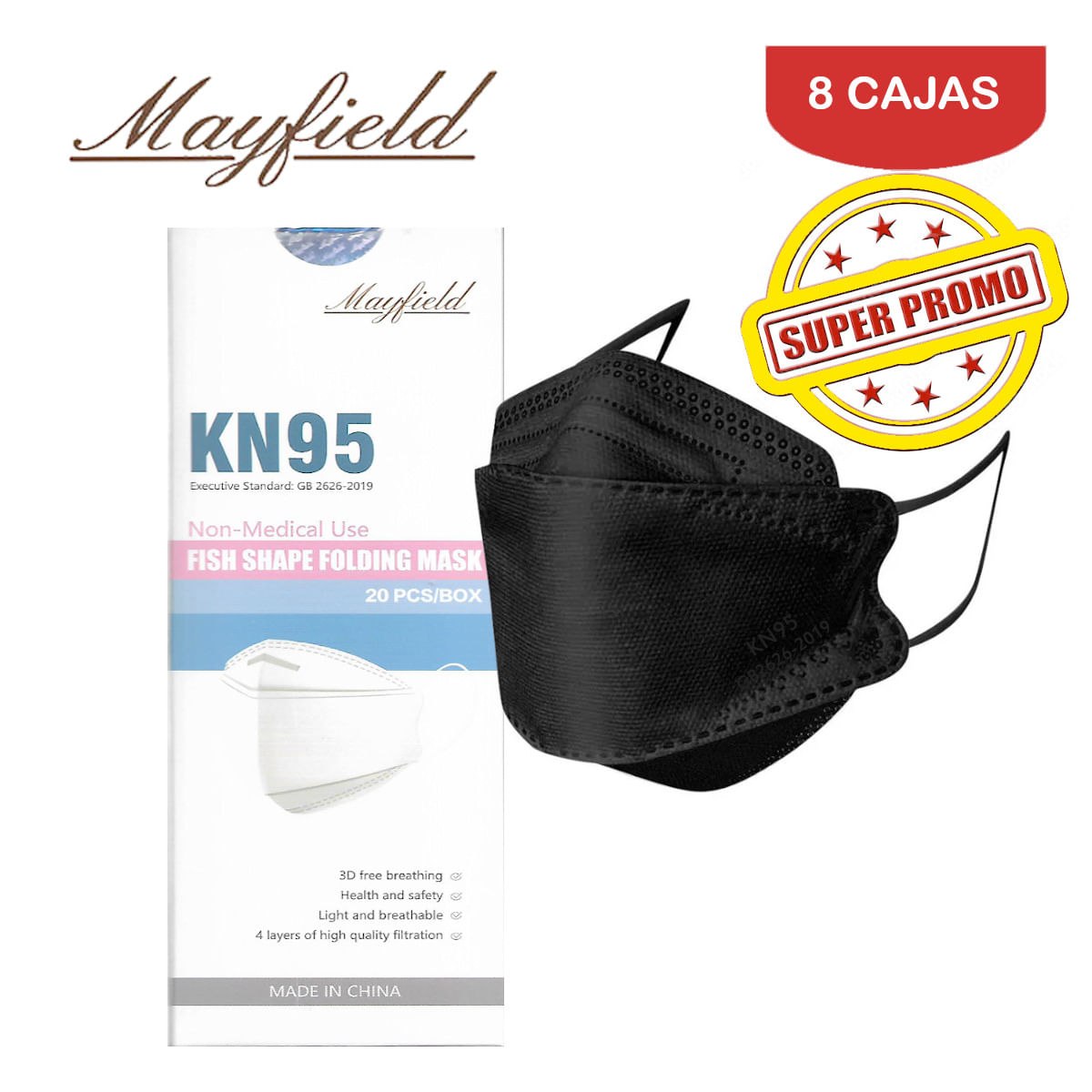 Mascarilla KN95 Mayfield Fish Shape 3D Negro Caja*20und Pack 8 Cajas