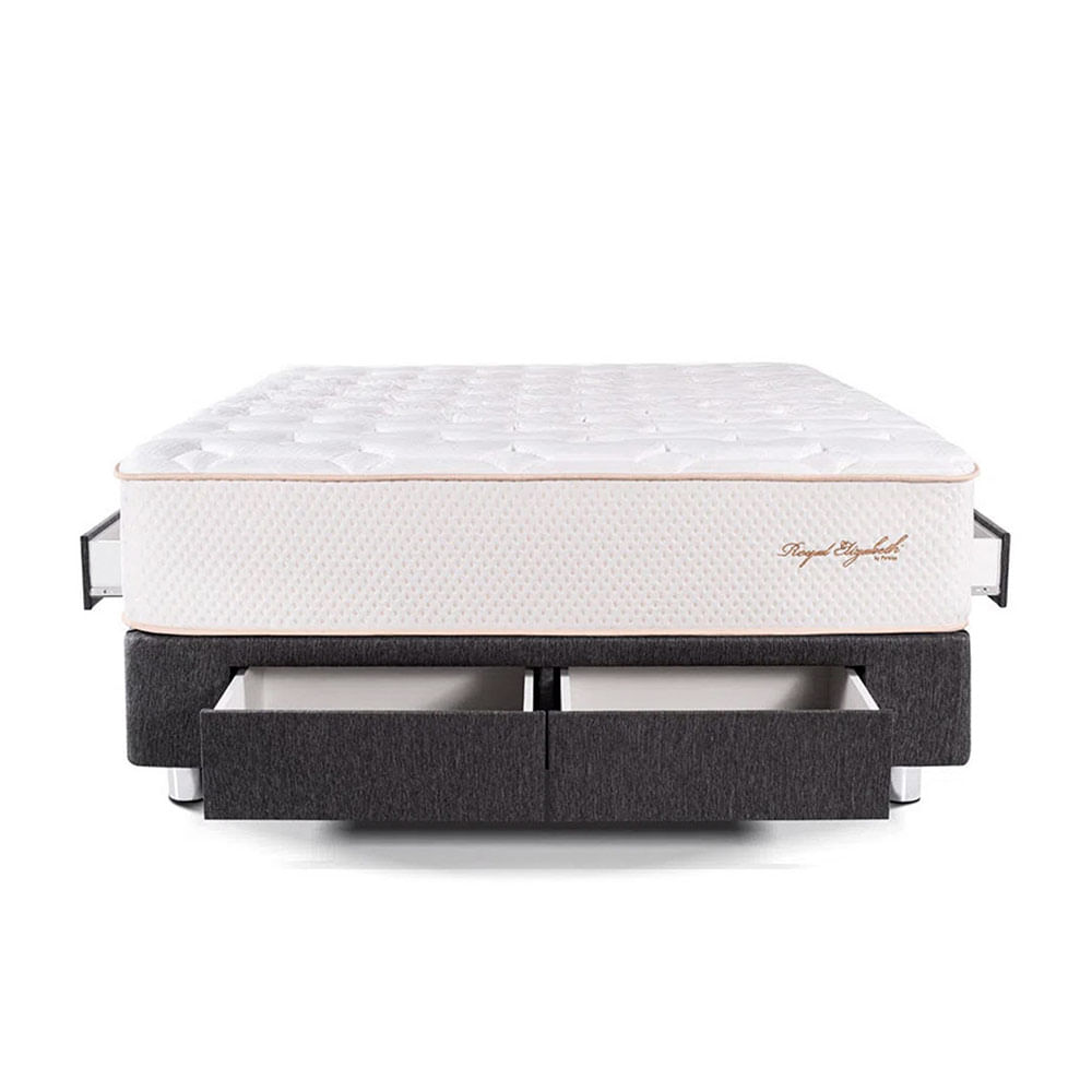 Cama Box Tarima 4 Cajones PARAISO Royal Elizabeth Gris Queen +2 Almohadas Viscoelásticas + Protector