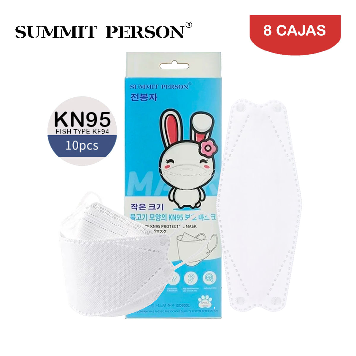 Mascarilla KN95 Summit Person Fish Type NIÑOS·NIÑAS Blanco Caja*10und Pack 8 Cajas