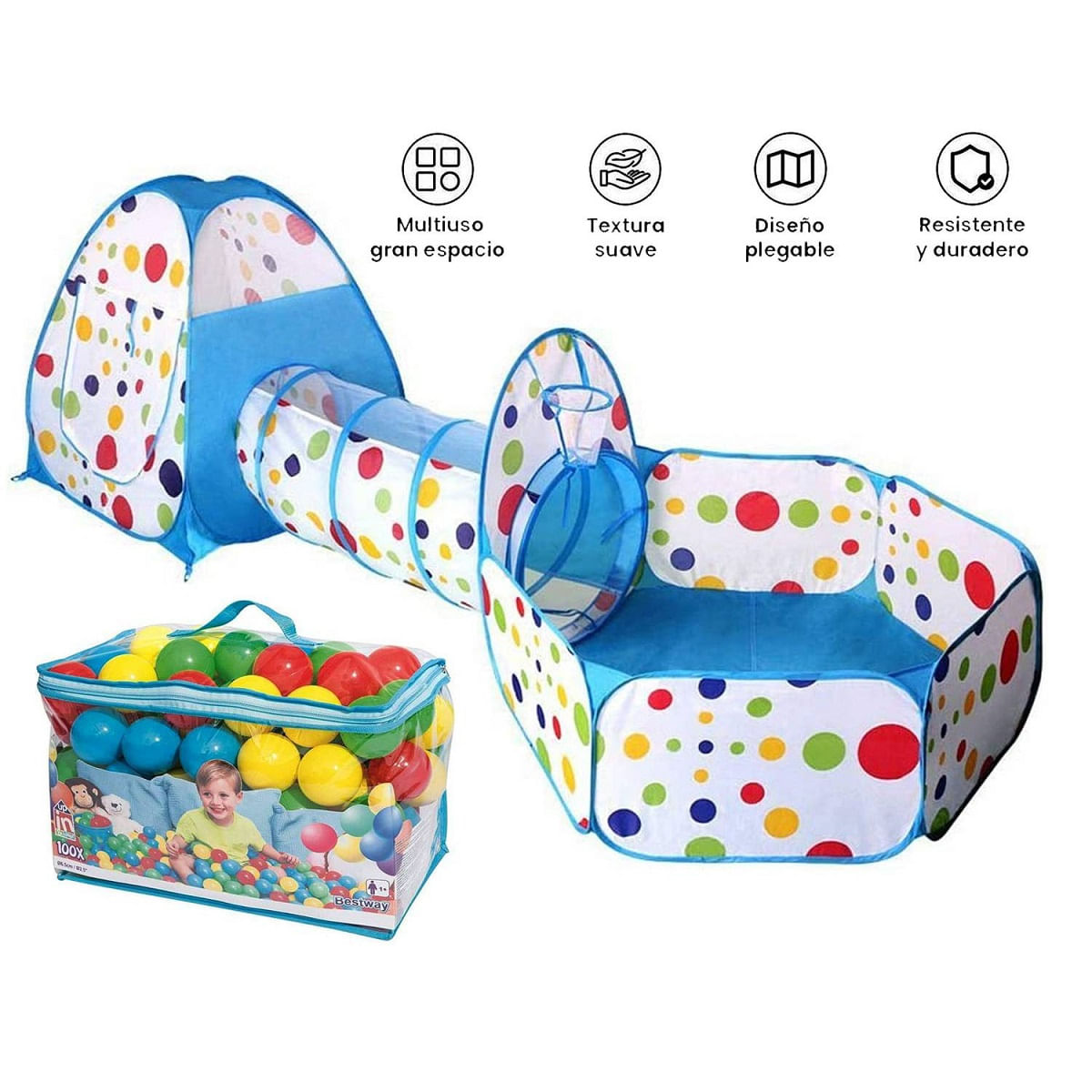 Piscina de pelotas túnel niños portátil 3 en 1+100 Pelotas