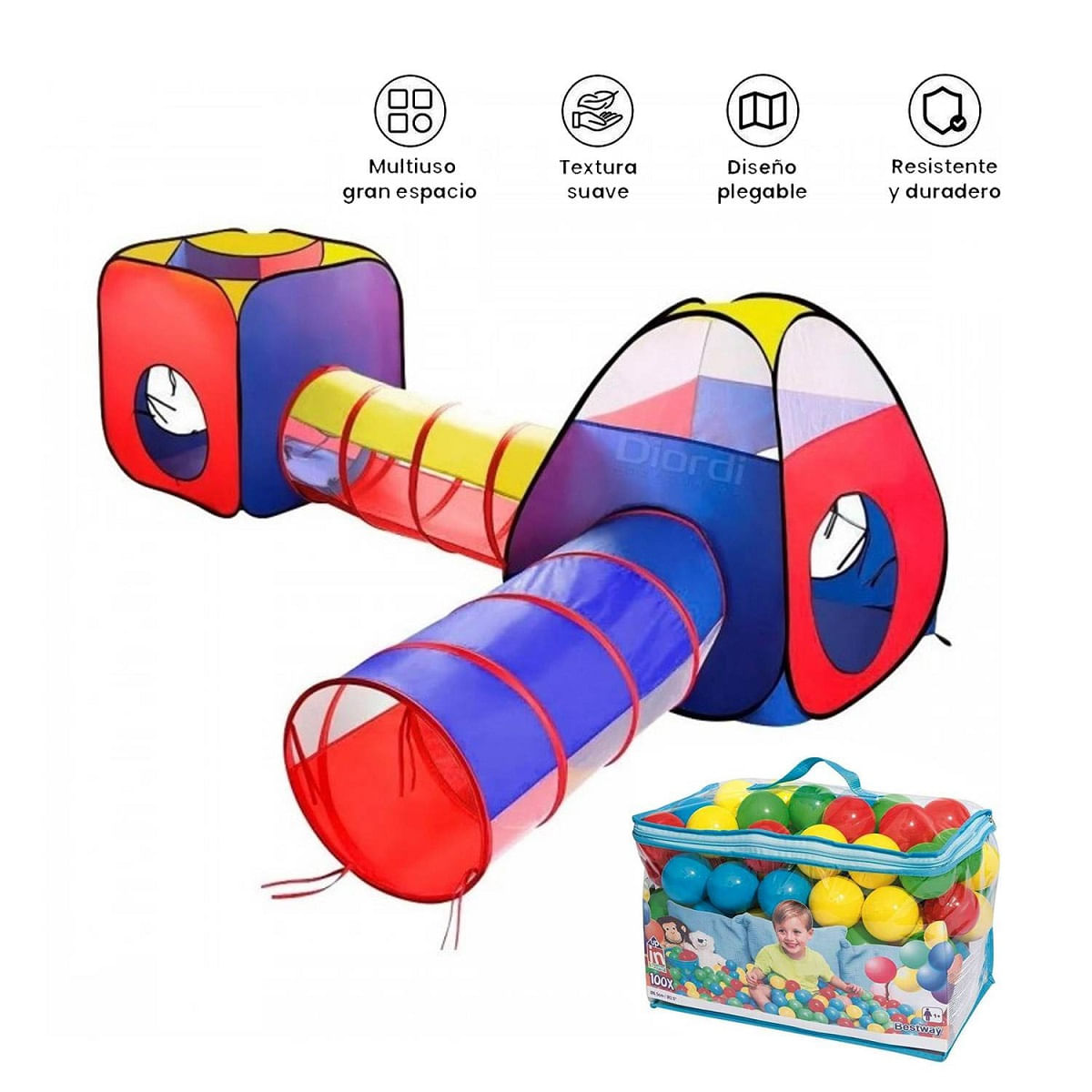 Carpa Circuito 4 En 1 Doble Túnel Infantil +100 pelotas