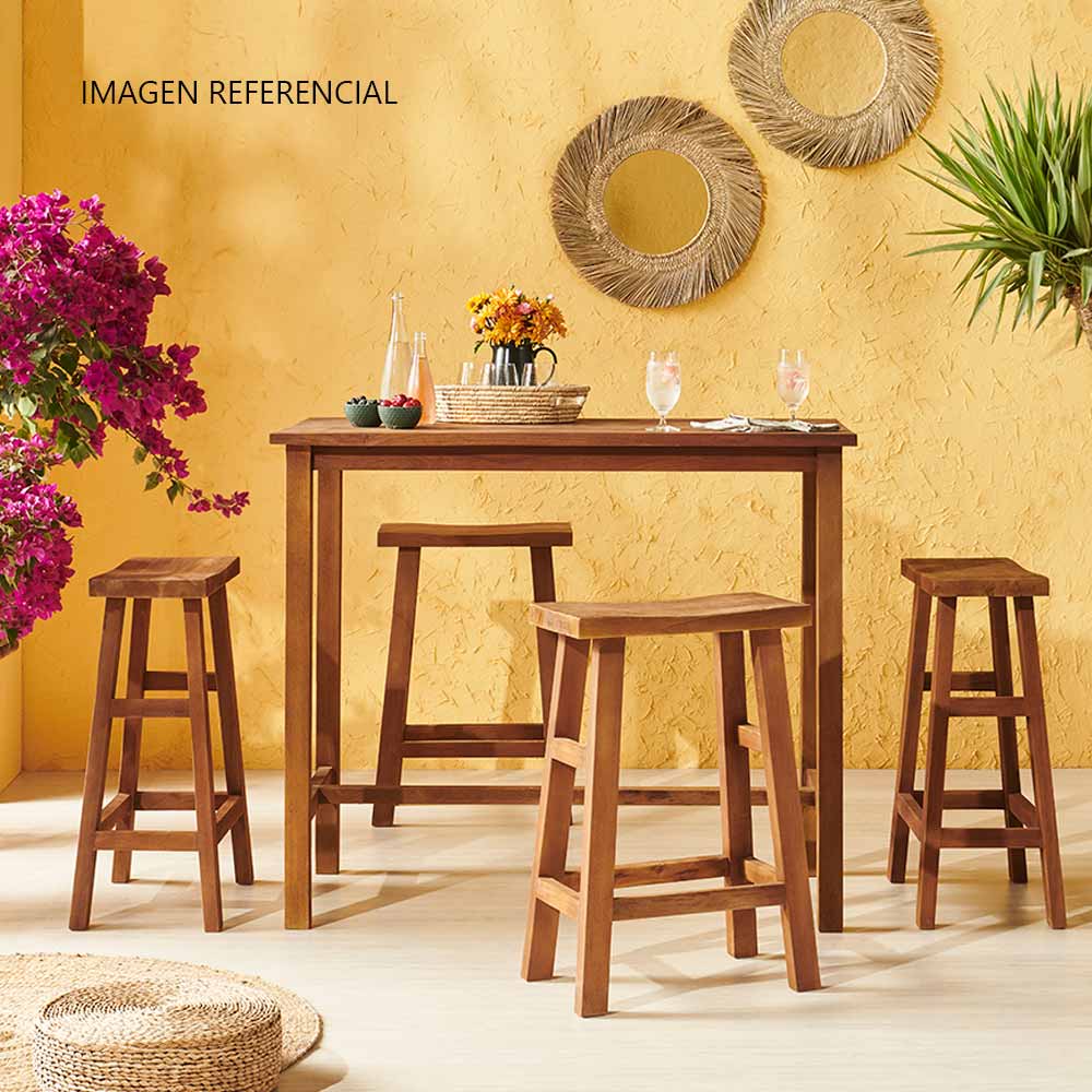 Set bar madera Indonesia 4 bancos + mesa alta