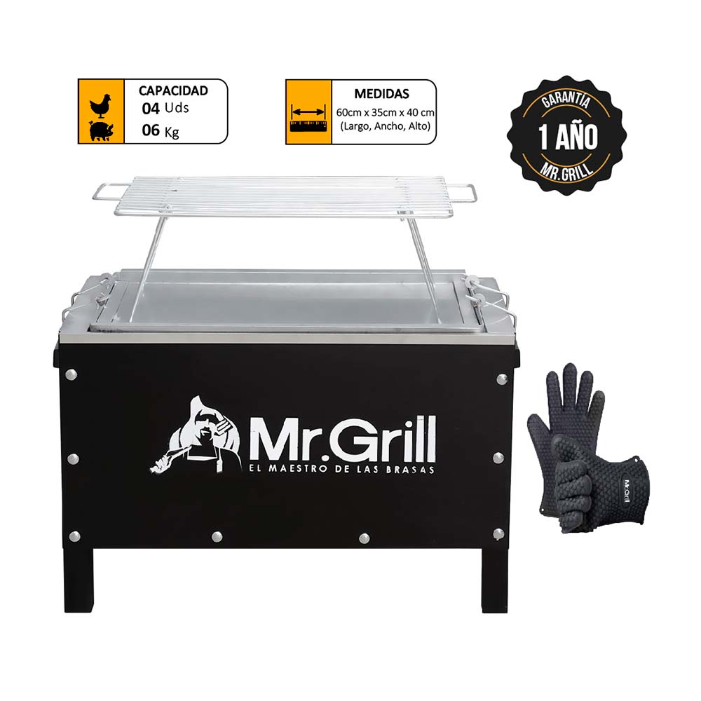 Caja China Mediana Mr. Grill Sr Acero Galvanizado + Parrilla + Guantes Negros