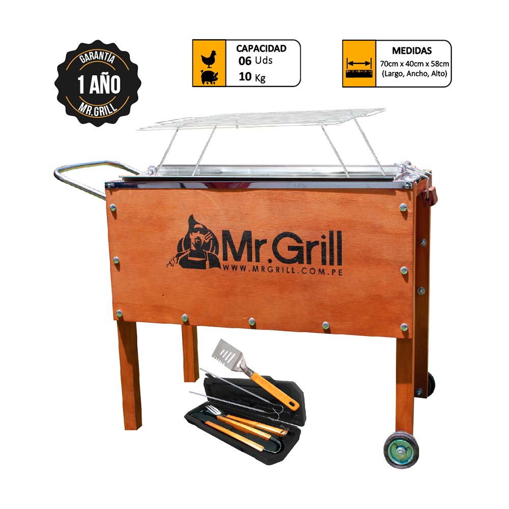 Caja China Mediana Mr. Grill Premium Acero Inox + Parrilla + Set Utensilios X 4