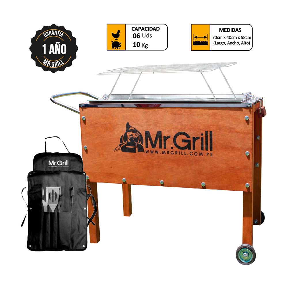 Caja China Mediana Mr. Grill Premium Acero Mixta + Parrilla + Mandil Bbq X3